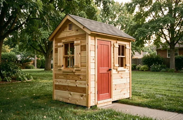 Maisonnette en bois installée dans un jardin suburban entourée d'herbe verte et d'arbres, idéale pour les enfants