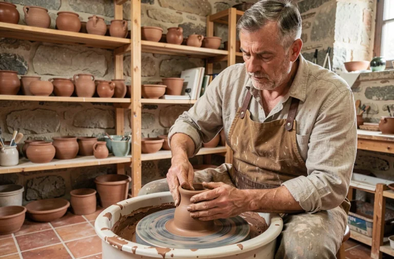 Maître potier français façonnant une pièce en argile sur un tour de poterie dans un atelier artisanal authentique