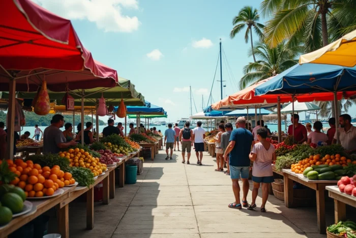 Marché animé du Port Moselle à Nouméa avec des étals de fruits tropicaux et vue sur le port