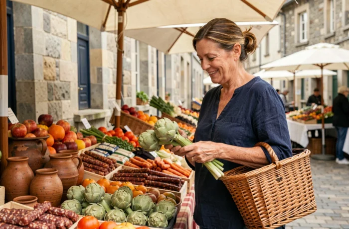 Femme bretonne faisant ses courses au marché traditionnel d'Auray entourée de produits locaux et artisanaux
