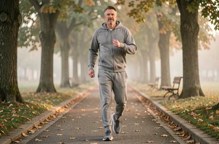 Homme marchant d'un pas rapide sur un chemin boisé en milieu urbain tôt le matin avant sa première réunion