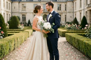 Couple de mariés souriant dans un jardin de château français en 2024, robe en soie ivoire et costume bleu marine élégant
