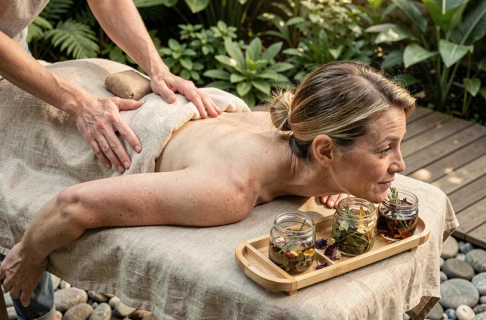 Soin de massage aux compresses herboristes et huiles essentielles dans un spa naturel en plein air