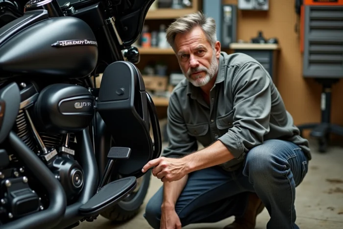 Mécanicien expérimenté inspectant le moteur Harley 103 ci dans un atelier moto indépendant, diagnostic et entretien professionnel
