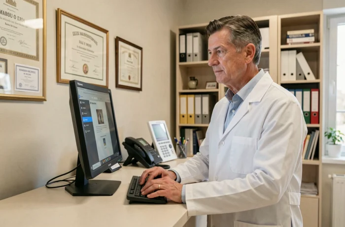 Médecin généraliste se connectant à un espace sécurisé de gestion de dossiers patients dans un cabinet médical