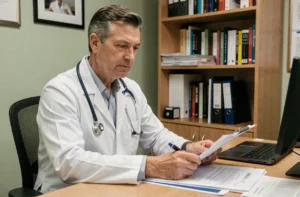 Médecin de garde en consultation dans son cabinet médical, consultant des documents administratifs liés aux tarifs de consultation