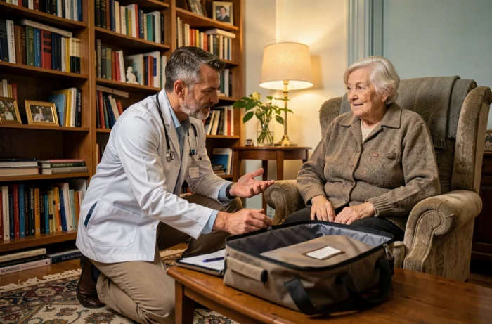 Médecin de garde effectuant une visite à domicile auprès d'une patiente âgée, illustrant le coût des consultations médicales d'urgence à domicile