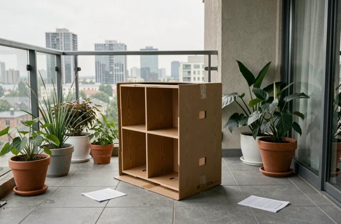 Meuble Ikea en cours d'aération sur un balcon urbain pour dissiper les odeurs de formaldéhyde