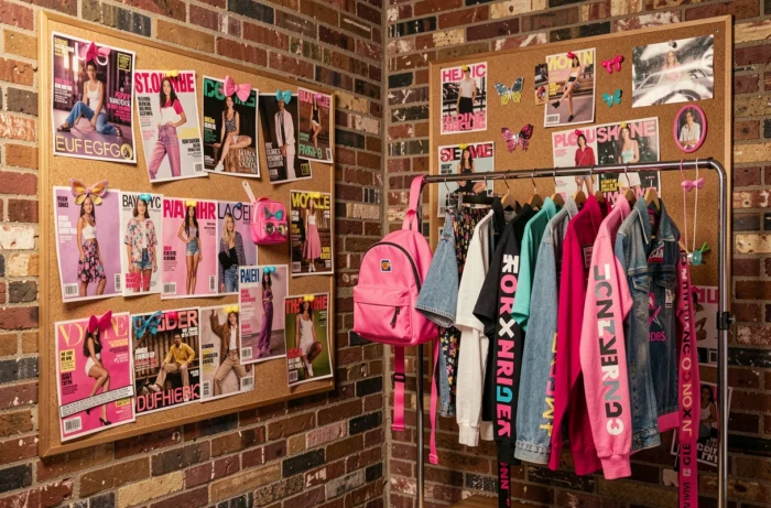 Ambiance mode années 2000 avec vêtements, accessoires Y2K et magazines de mode dans un loft urbain vintage