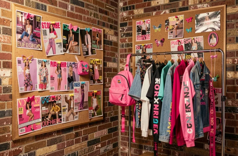 Ambiance mode années 2000 avec vêtements, accessoires Y2K et magazines de mode dans un loft urbain vintage