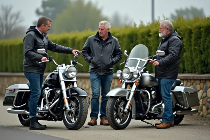 Groupe de motards Harley-Davidson discutant de la fiabilité du moteur 103 ci lors d'une pause sur une route française