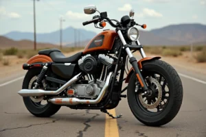 Moteur Harley-Davidson 103 ci Twin Cam visible sur une moto garée en plein désert américain, usure réaliste et détails mécaniques authentiques