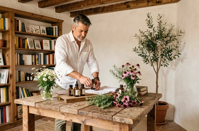 Naturopathe consultant avec des plantes médicinales et des remèdes naturels dans un cabinet de soins naturels
