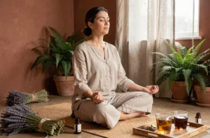 Femme pratiquant la méditation entourée d'huiles essentielles et de plantes médicinales dans un espace bien-être naturel