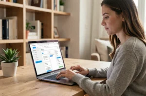 Femme naviguant sur le plan du site d'un magazine en ligne depuis un bureau à domicile moderne