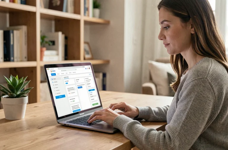 Femme naviguant sur le plan du site d'un magazine en ligne depuis un bureau à domicile moderne