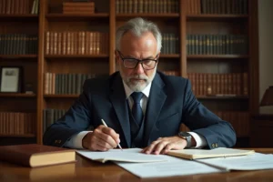 Notaire examinant des documents juridiques liés à une action en réduction successorale dans un bureau traditionnel