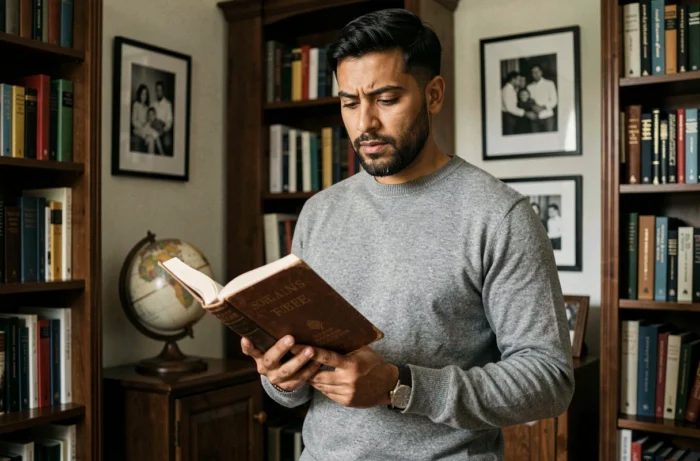 Homme cultivé dans une bibliothèque privée entourée de livres et photos de famille, évoquant les origines et la vie intime d'Anthony Favalli