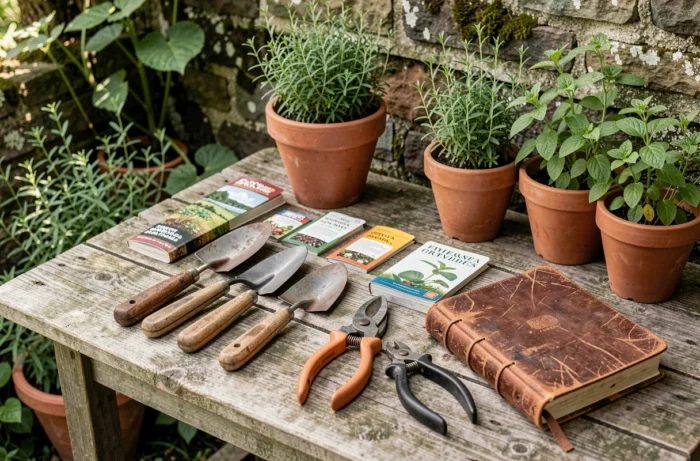 Outils de jardinage, graines et journal de jardin posés sur une table en bois dans un jardin de cottage en été