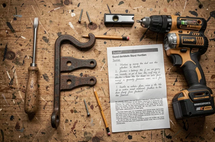 Outils et matériel nécessaires pour fixer un crochet de volet en bois posés sur un établi