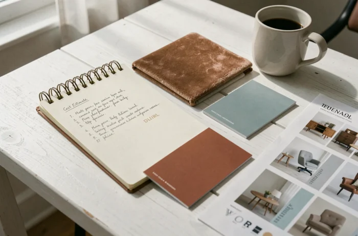 Outils de planification et devis pour le relooking d'un salon avec une décoratrice d'intérieur