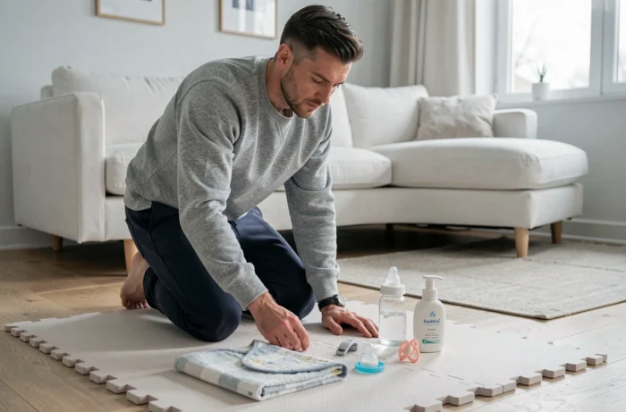 Papa préparant les essentiels pour bébé sur un tapis de jeu dans un salon scandinave lumineux et bien rangé