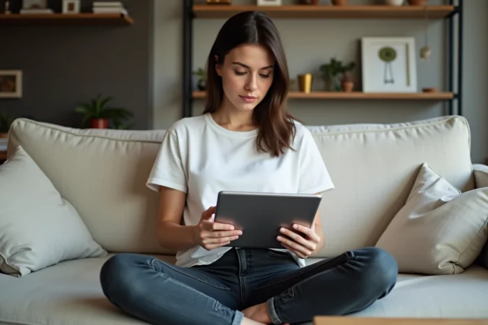 Jeune femme paramétrant sa messagerie Toulouse sur une tablette depuis son salon