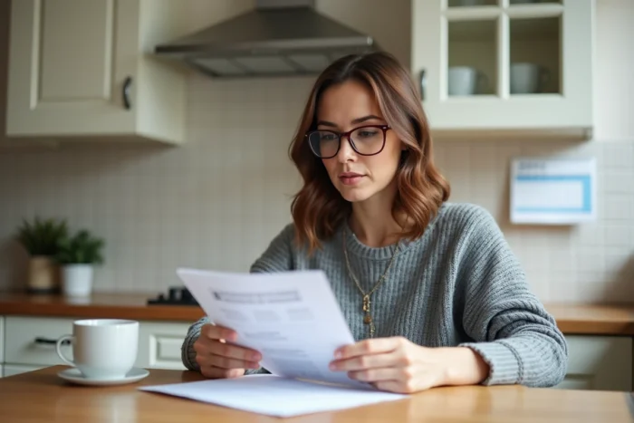Mère de famille lisant les documents de rentrée scolaire 2026 à la table de cuisine