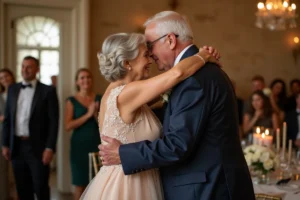 Parents de la mariée en tenue élégante partageant un moment d'émotion avec leur enfant lors d'une réception de mariage en intérieur