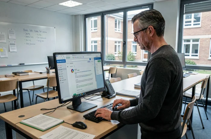 Personnel administratif masculin utilisant le webmail de l'académie de Dijon sur un ordinateur de bureau