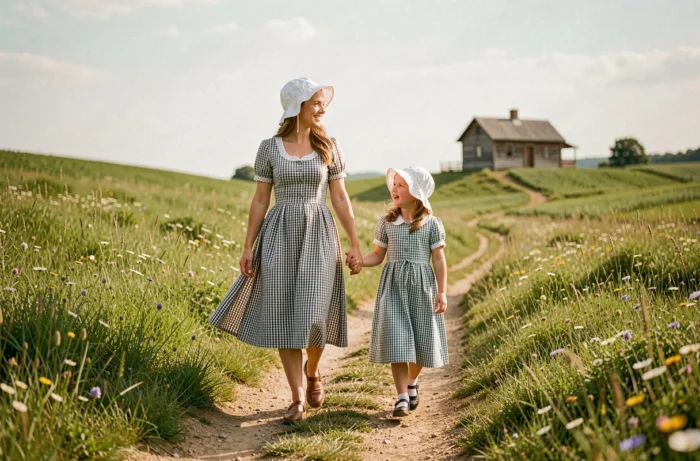 Femme et fillette en robes et bonnets de pionnières marchant sur un chemin de terre dans une prairie fleurie avec une école en bois en arrière-plan