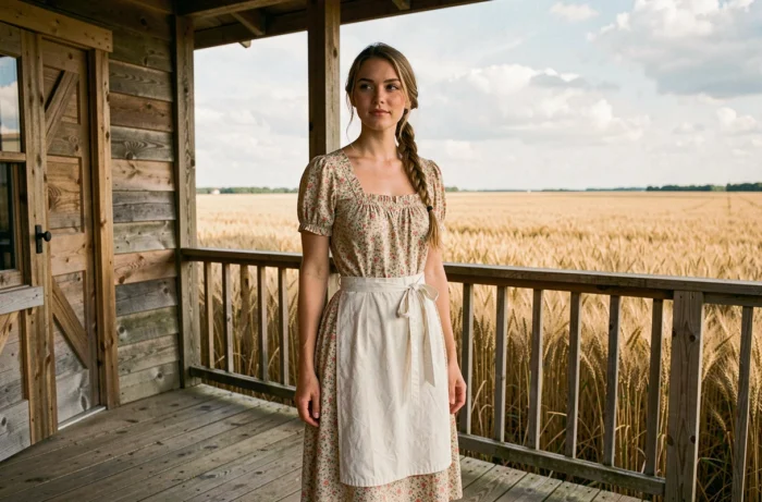 Jeune femme en robe pionnière devant une ferme en bois entourée de champs de blé dorés, ambiance prairie américaine du XIXe siècle
