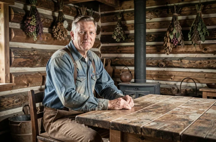 Homme en tenue de pionnier assis dans une cabane en rondins rustique avec poêle en fonte et herbes séchées, décor intérieur de la prairie américaine