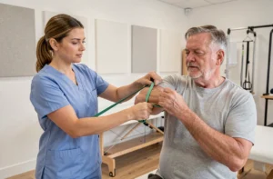 Physiothérapeute française guidant un patient dans un exercice de rééducation de l'épaule avec bande élastique en cabinet moderne