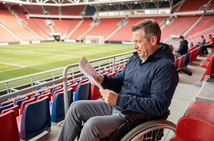 Homme en fauteuil roulant motorisé à l'espace réservé PMR d'un stade de football avec vue sur la pelouse