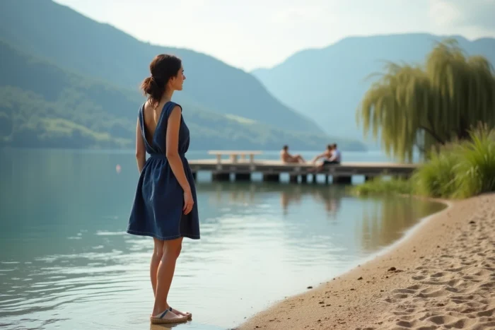 Femme sur une plage privée du lac du Bourget les pieds dans l'eau en contemplant le paysage