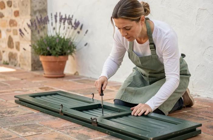 Femme en train de visser un crochet de volet en bois sur une terrasse en Provence