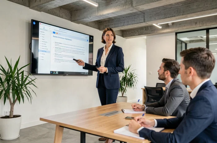 Femme professionnelle animant une présentation lors d'une réunion d'entreprise en Belgique