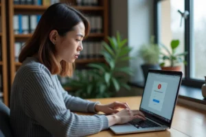 Femme frustrée face à un problème de connexion sur son espace MyFoncia depuis un ordinateur portable à domicile