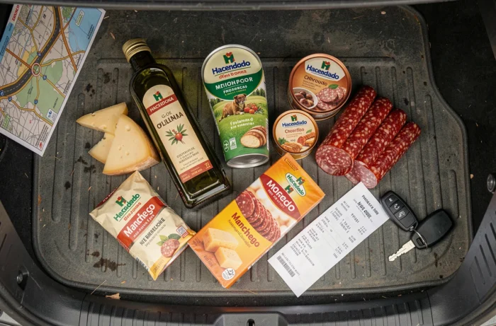 Coffre de voiture rempli de produits Mercadona espagnols achetés lors d'un shopping frontalier depuis Bordeaux