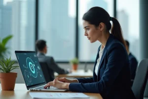 Une professionnelle examine les nouvelles fonctionnalités de sécurité de Gozmap 2026 sur son ordinateur portable dans un bureau moderne