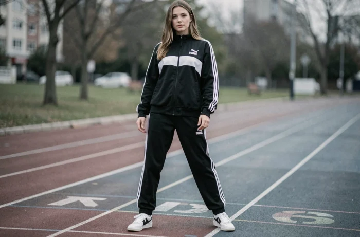 Femme en ensemble de sport Puma rétro noir et blanc avec veste de survêtement et baskets, style sportswear mode années 2000