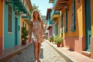 Femme se promenant dans le quartier latin de Nouméa avec des façades coloniales colorées en arrière-plan