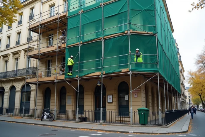 Immeuble haussmannien parisien en cours de ravalement de façade avec échafaudage complet et ouvriers au travail sur plusieurs niveaux