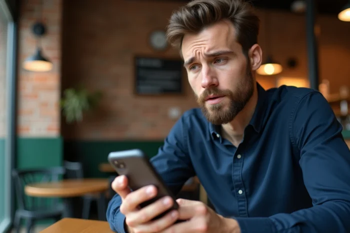 Homme en café utilisant son téléphone pour récupérer l'accès à un compte Snapchat oublié