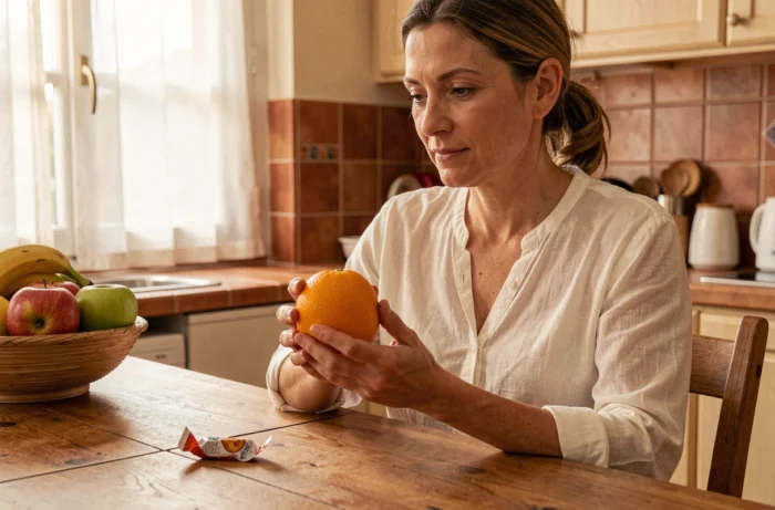 Femme tenant une orange entière à table, ayant remplacé un en-cas sucré par un fruit frais l'après-midi