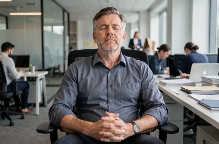 Homme en tenue professionnelle pratiquant une respiration contrôlée les yeux fermés dans un bureau moderne pour gérer le stress