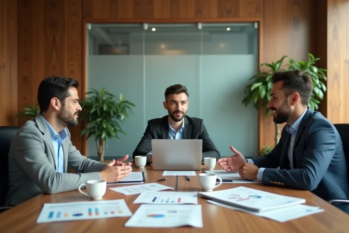 Équipe de professionnels en réunion autour d'une table de conférence avec rapports et ordinateurs portables, représentant la collaboration en entreprise en 2024