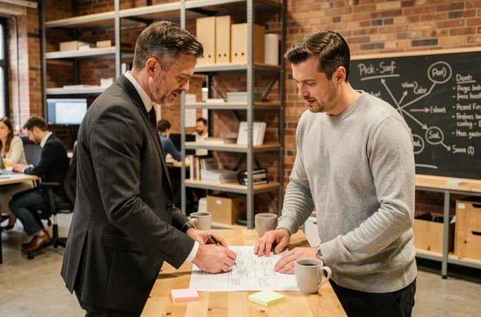 Deux collègues discutant debout dans un espace de co-working à Gand lors d'une réunion informelle