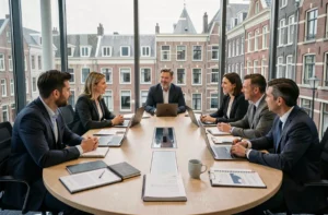 Groupe de professionnels en réunion autour d'une table de conférence moderne à Bruxelles